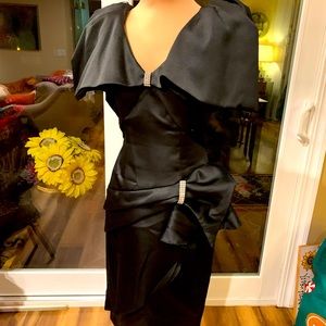 COCKTAIL DRESS BLACK SATIN WITH RHINESTONE TRIM VINTAGE 80’S SIZE 5/6 MADE USA